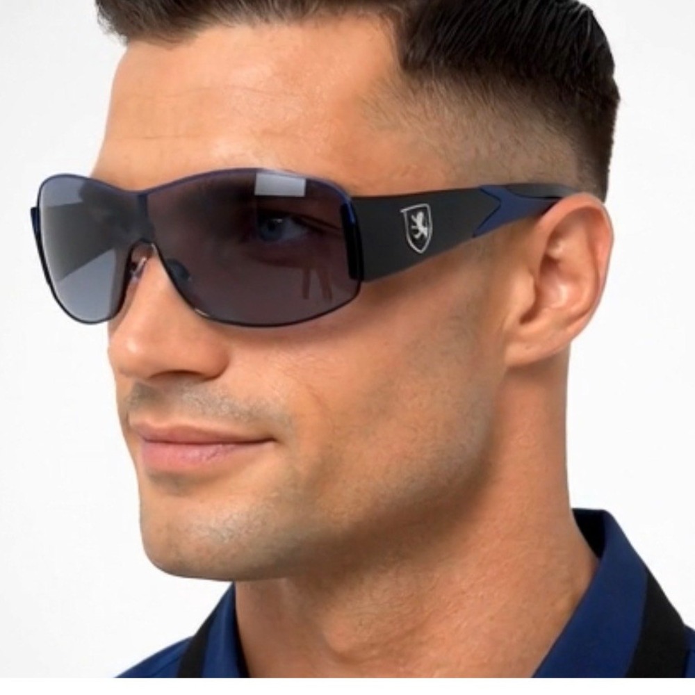 Sunglasses Men Sports UV400 Protection Single Lens Metal Khan Blue Dark Lens New